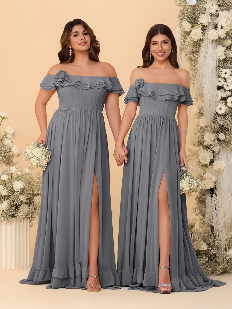 Chiffon A-Line/Princess Off-the-Shoulder Short Sleeves Ruched Bridesmaid Dresses Silver Gray