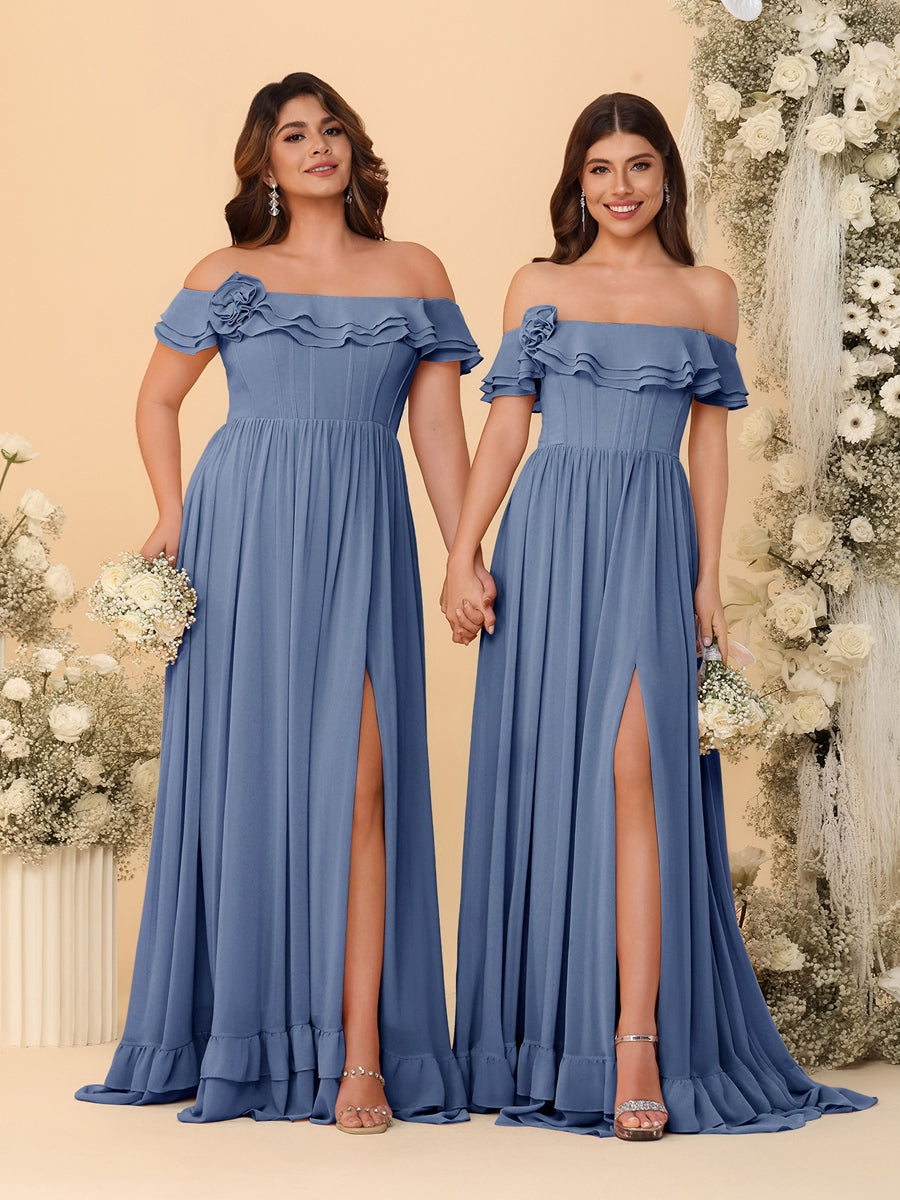 Chiffon A-Line/Princess Off-the-Shoulder Short Sleeves Ruched Bridesmaid Dresses Steel Blue