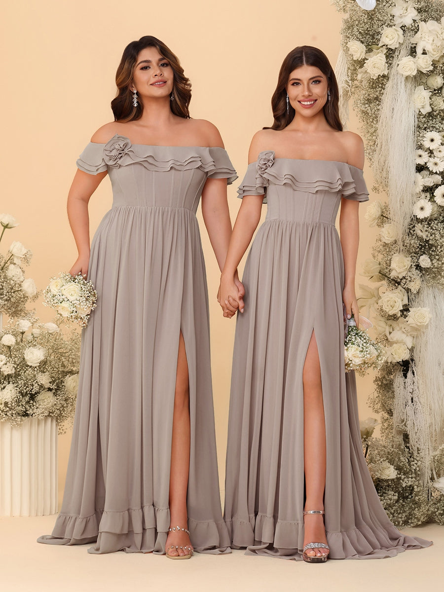 Chiffon A-Line/Princess Off-the-Shoulder Short Sleeves Ruched Bridesmaid Dresses Taupe