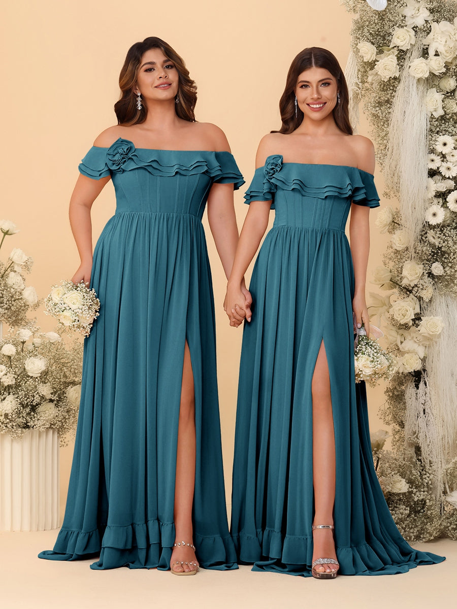 Chiffon A-Line/Princess Off-the-Shoulder Short Sleeves Ruched Bridesmaid Dresses Teal