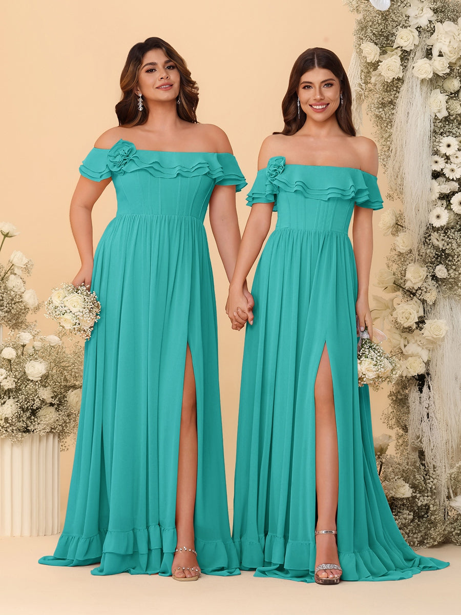 Chiffon A-Line/Princess Off-the-Shoulder Short Sleeves Ruched Bridesmaid Dresses Turquoise