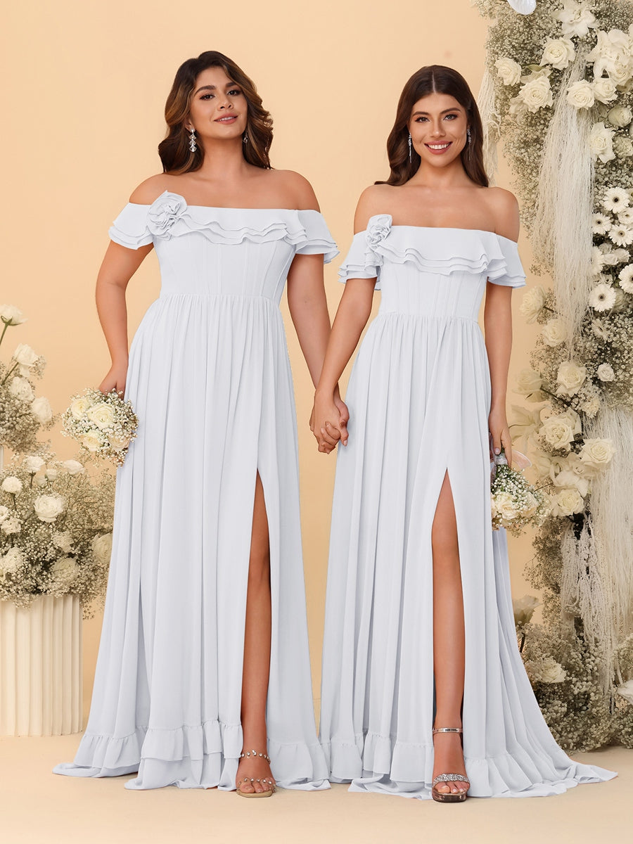 Chiffon A-Line/Princess Off-the-Shoulder Short Sleeves Ruched Bridesmaid Dresses White