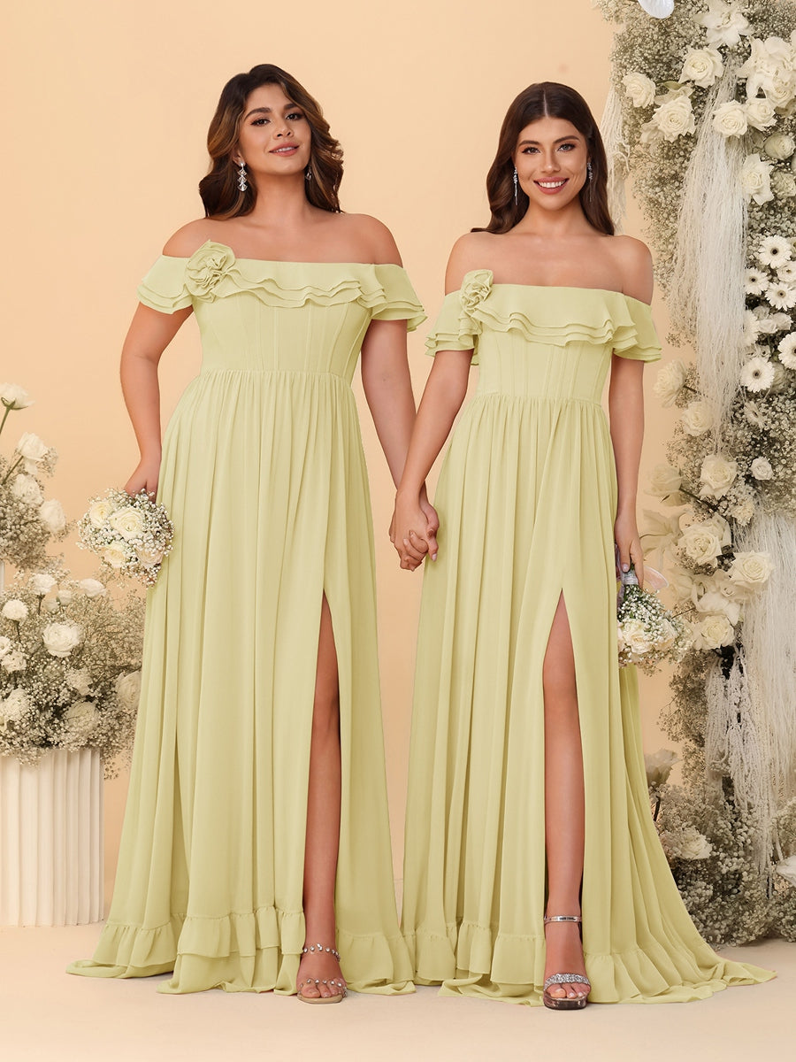 Chiffon A-Line/Princess Off-the-Shoulder Short Sleeves Ruched Bridesmaid Dresses Yellow