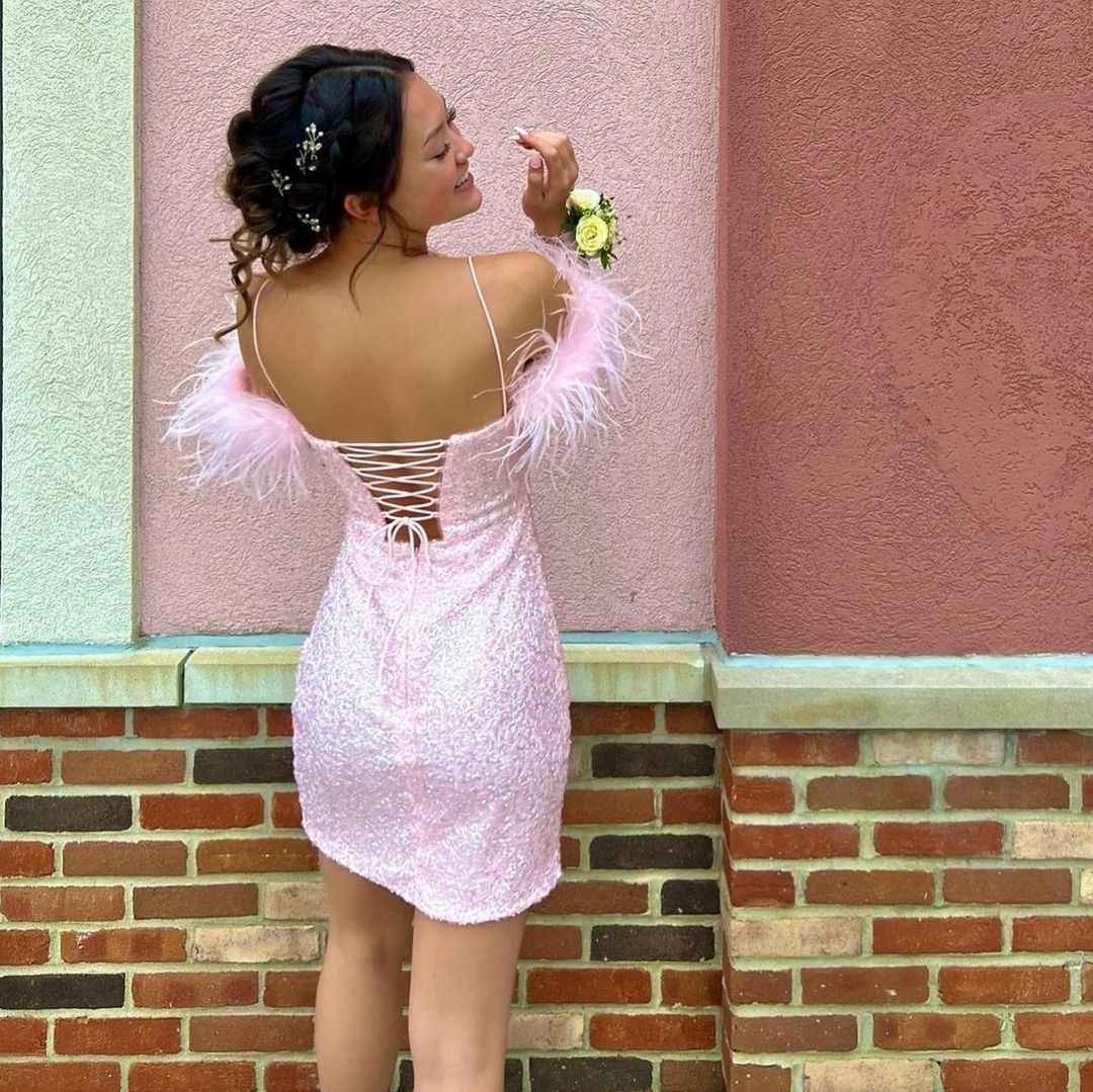 A Homecoming Dress Shimmering Light Pink Sequined Crewneck Cropped With Chic Feather Short Party Cocktail Dress