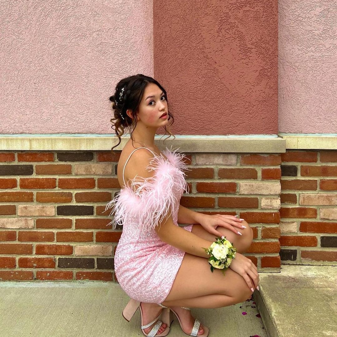 A Homecoming Dress Shimmering Light Pink Sequined Crewneck Cropped With Chic Feather Short Party Cocktail Dress