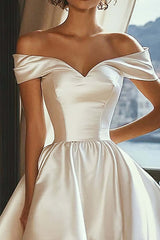 A Line Asymmetrical White Off The Shoulder Satin Graduation Dress