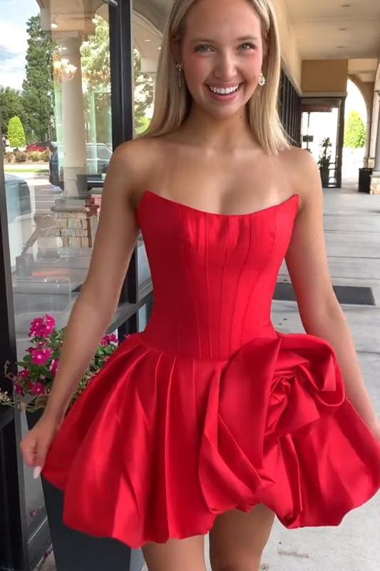 A-Line Bateau Strapless Satin Floral Homecoming Dress