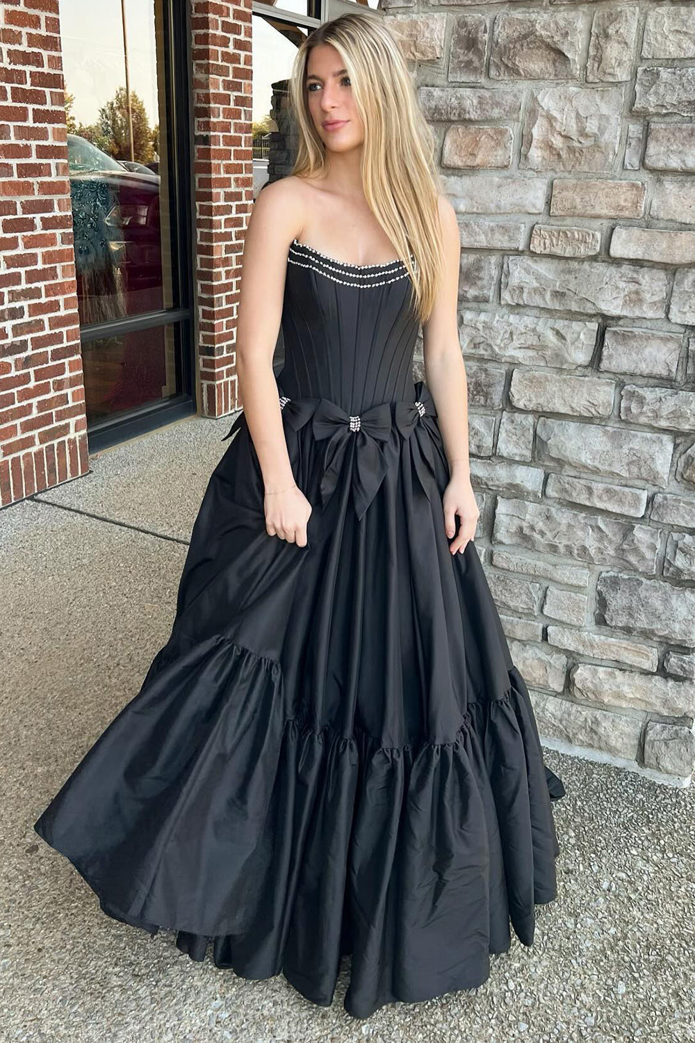 A Line Black Prom Dress Strapless Corset Long Pleated Evening Dress with Bow