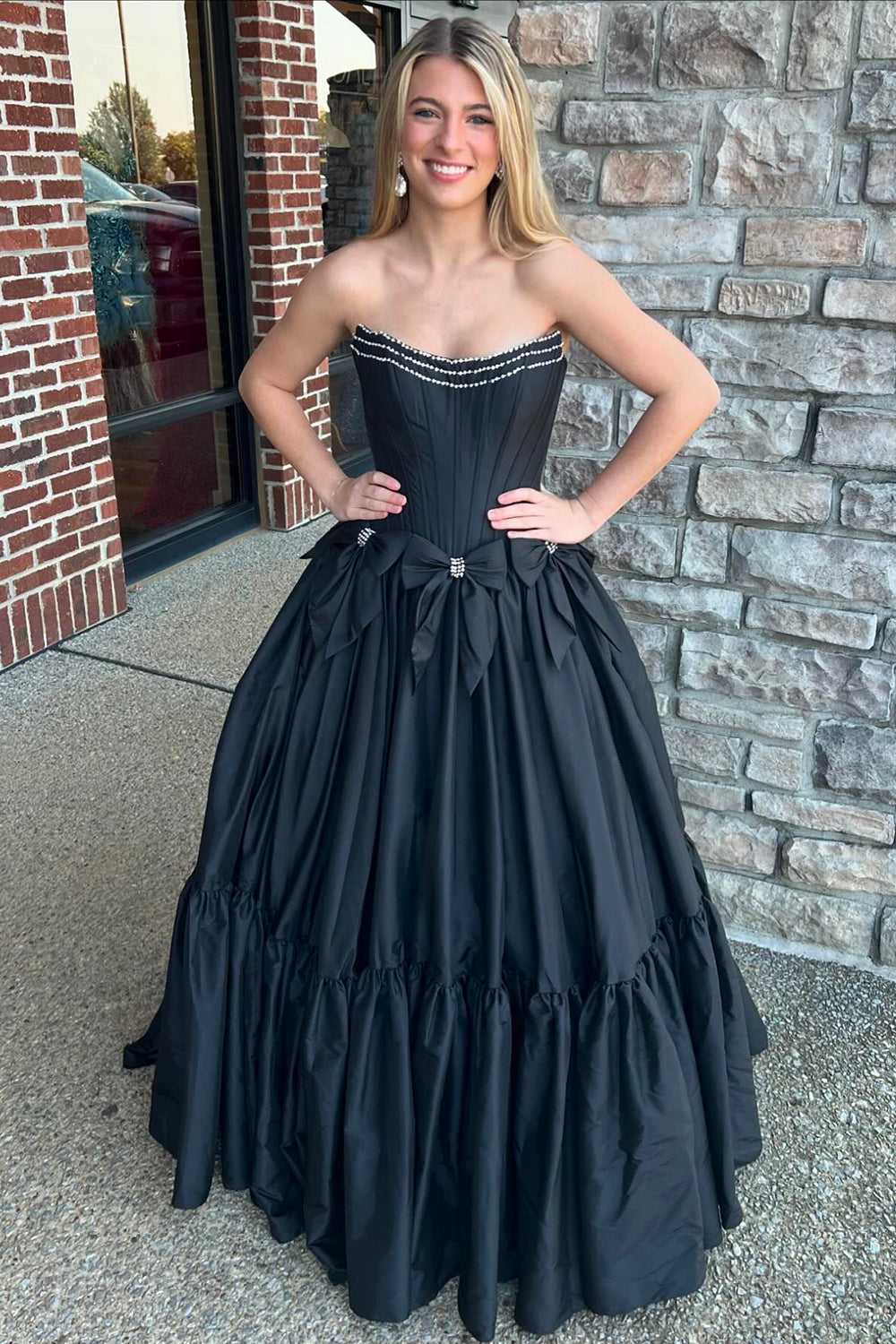 A Line Black Prom Dress Strapless Corset Long Pleated Evening Dress with Bow