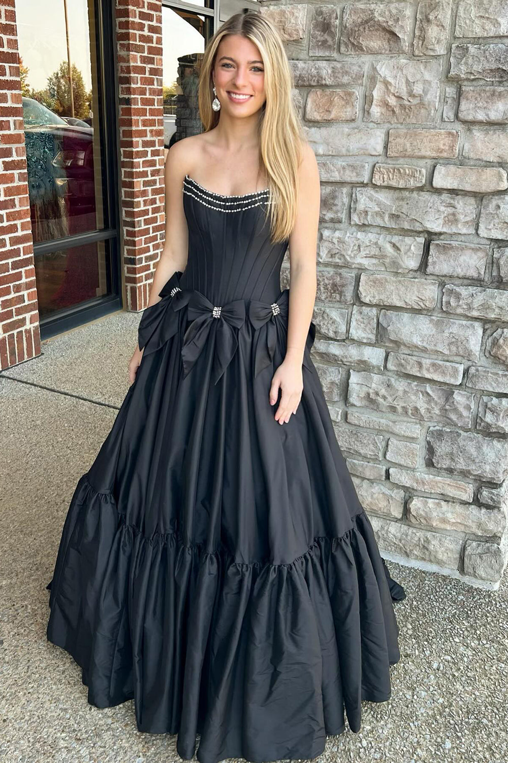 A Line Black Prom Dress Strapless Corset Long Pleated Evening Dress with Bow