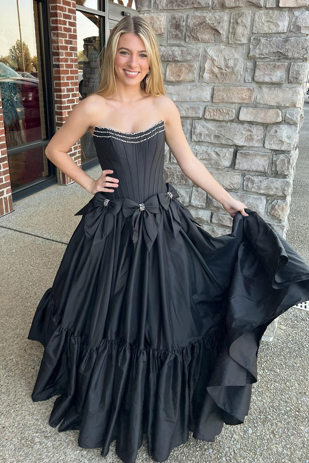 A Line Black Prom Dress Strapless Corset Long Pleated Evening Dress with Bow