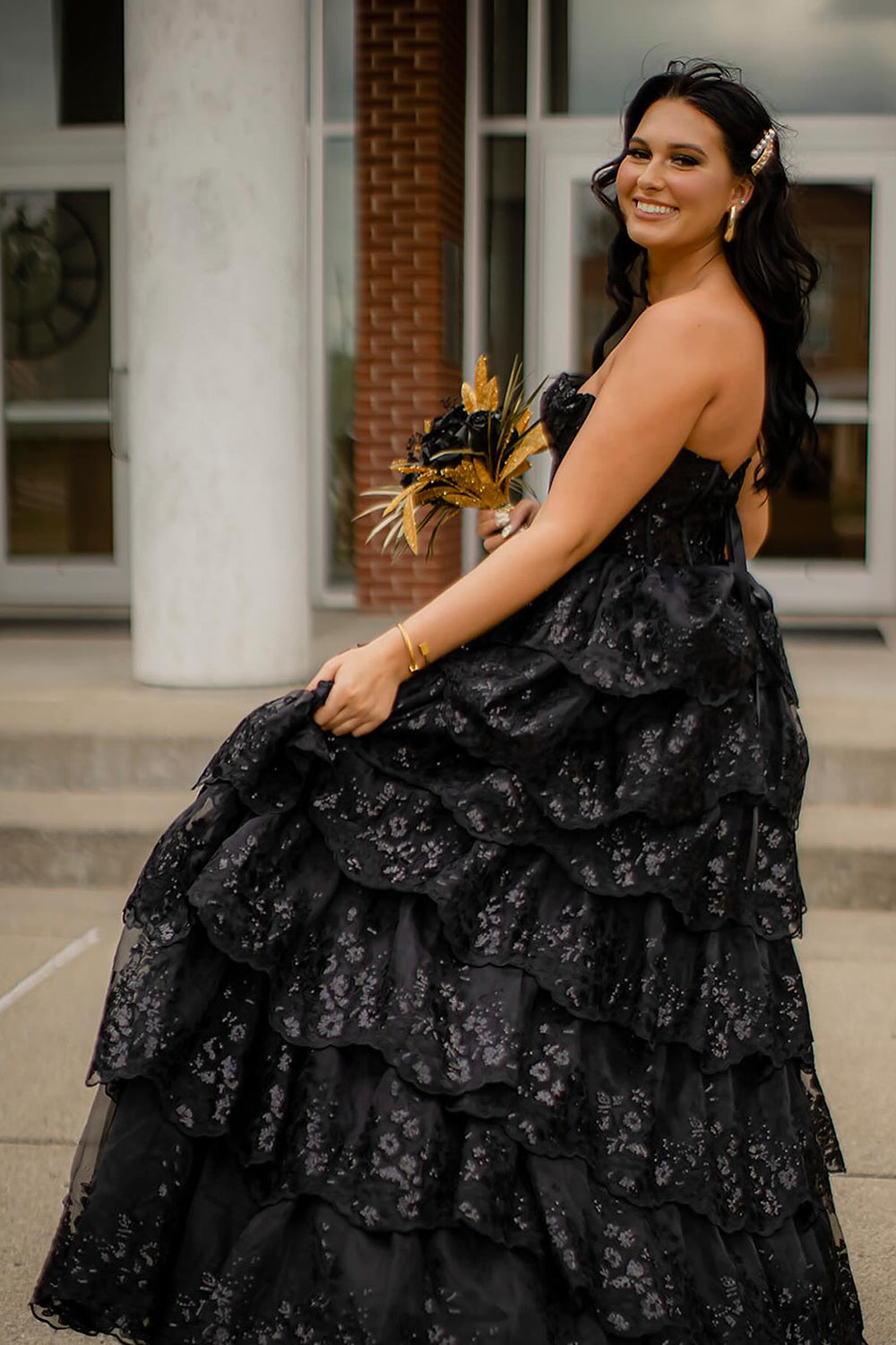 A Line Black Prom Dress Strapless Tulle Tiered Long Corset Evening Dress