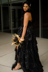 A Line Black Prom Dress Strapless Tulle Tiered Long Corset Evening Dress