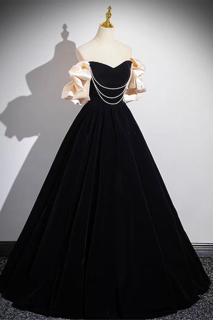 A Line Black Velvet Formal Dress Long Evening Dress