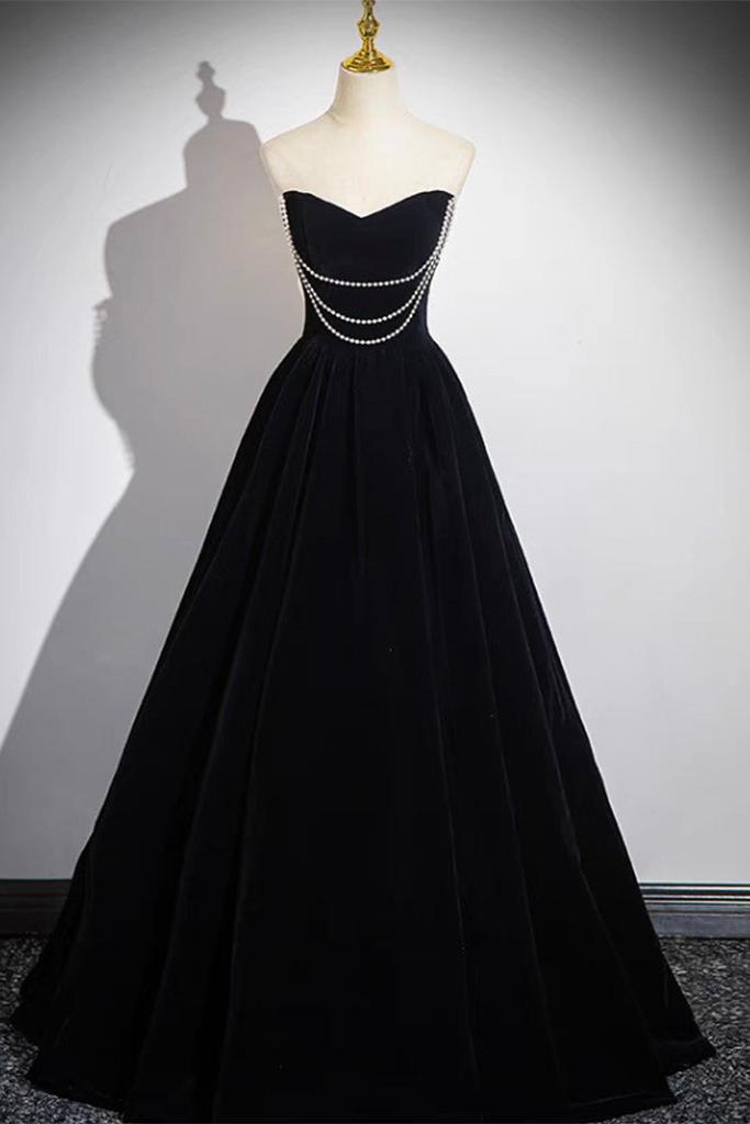 A Line Black Velvet Formal Dress Long Evening Dress