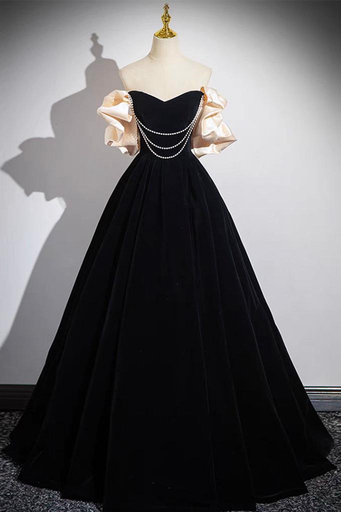 A Line Black Velvet Formal Dress Long Evening Dress