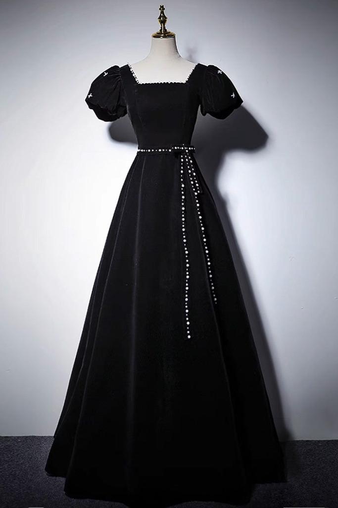 A Line Black Velvet Formal Dress Long Evening Dress