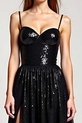A Line Black Wedding Guest Dress Long Formal Dress With Slit