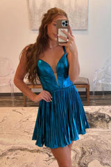A-Line Blue Homecoming Dress Spaghetti Straps Metallic Short Prom Dress