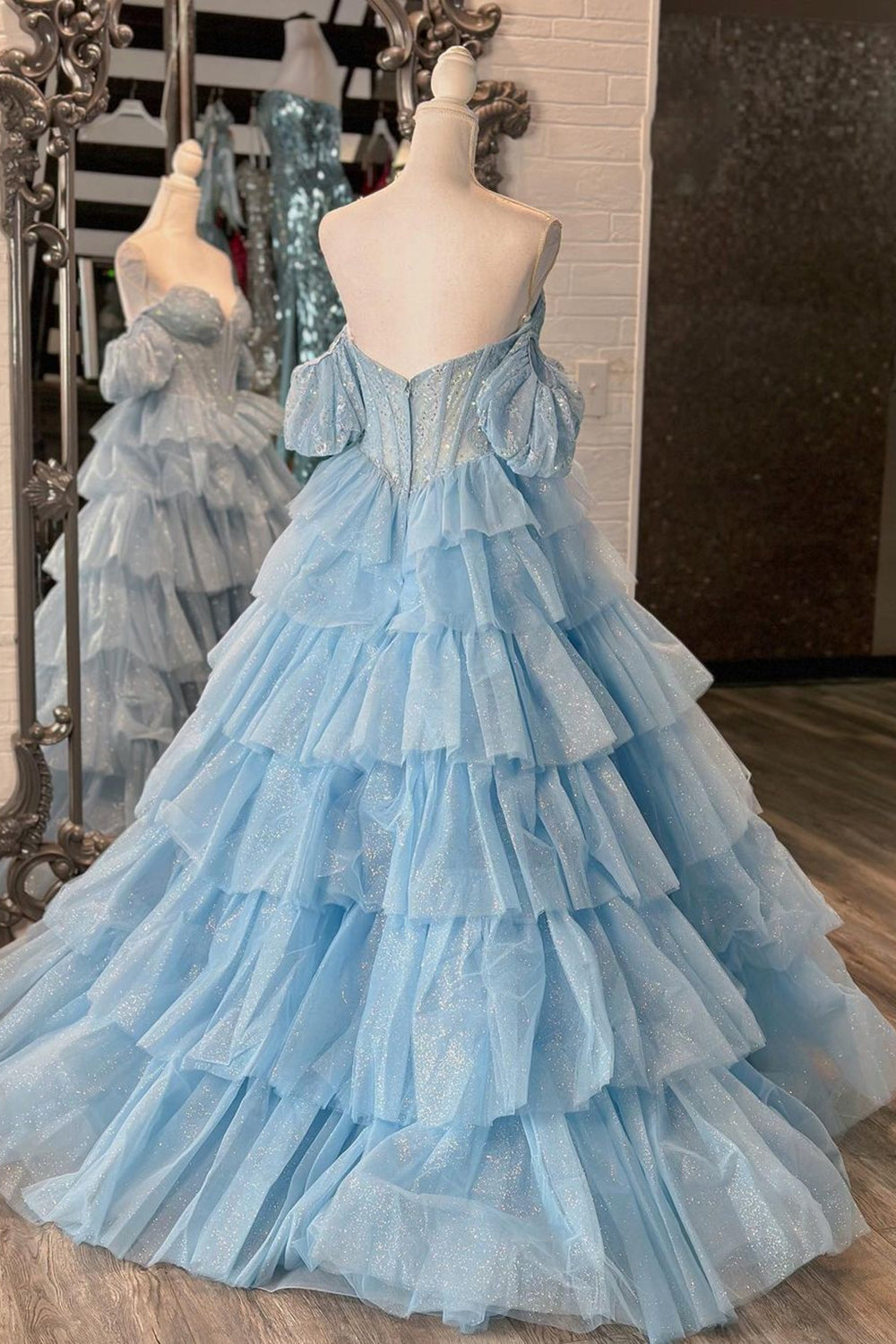 A Line Blue Prom Dress Corset Tiered Tulle Long Evening Dress