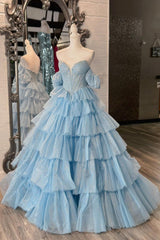 A Line Blue Prom Dress Corset Tiered Tulle Long Evening Dress