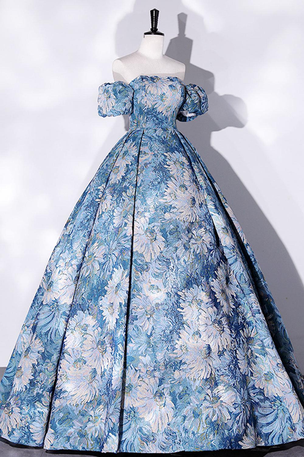 A Line Blue Prom Dress Satin Long Flower Evening Dress