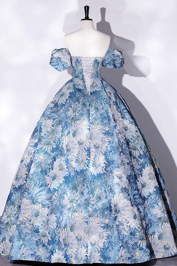 A Line Blue Prom Dress Satin Long Flower Evening Dress