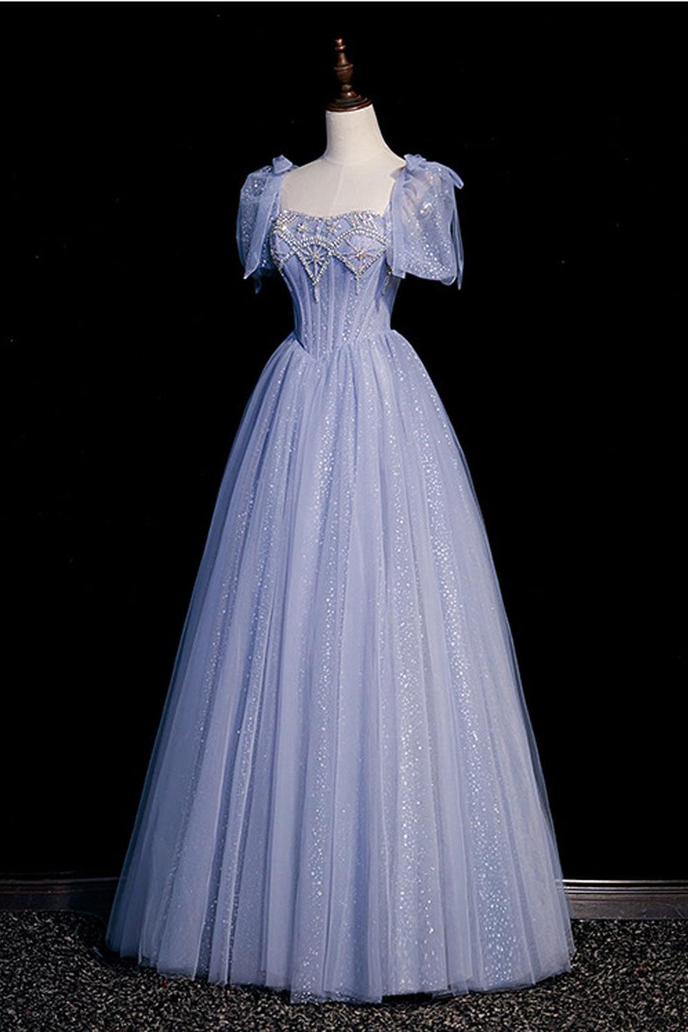 A Line Blue Prom Dress Sweetheart Neck Tulle Long Formal Evening Dress