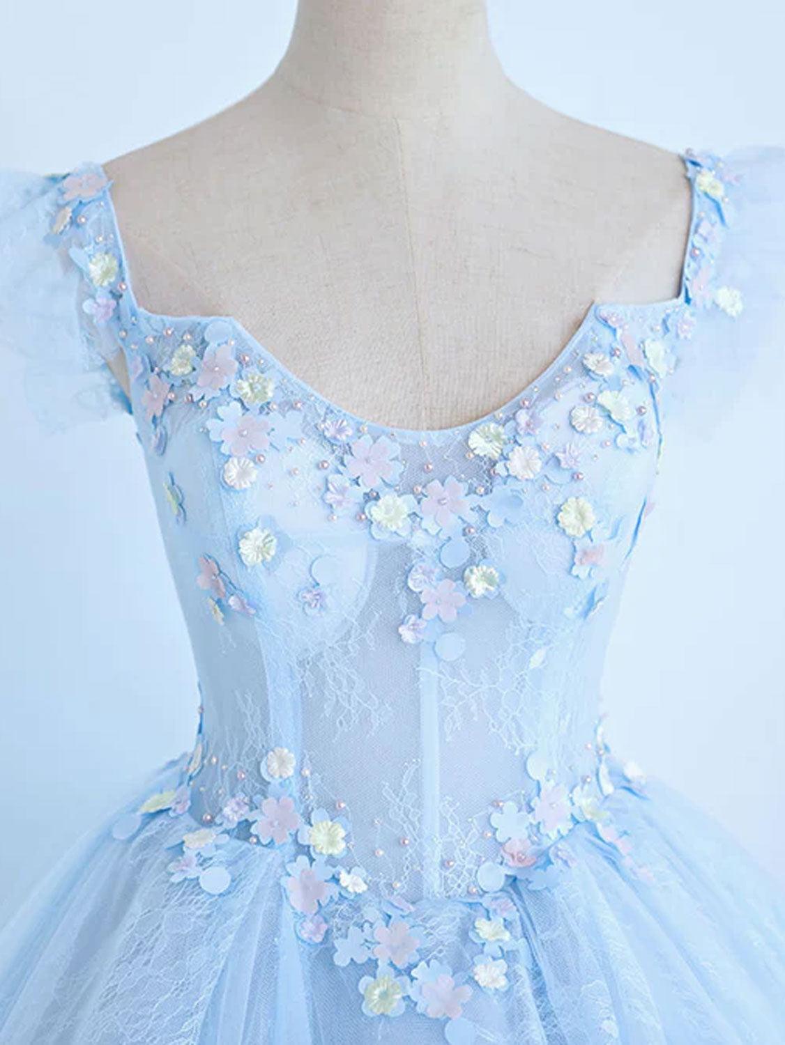 A Line Blue Prom Dress Tulle Lace Long Formal Evening Dress