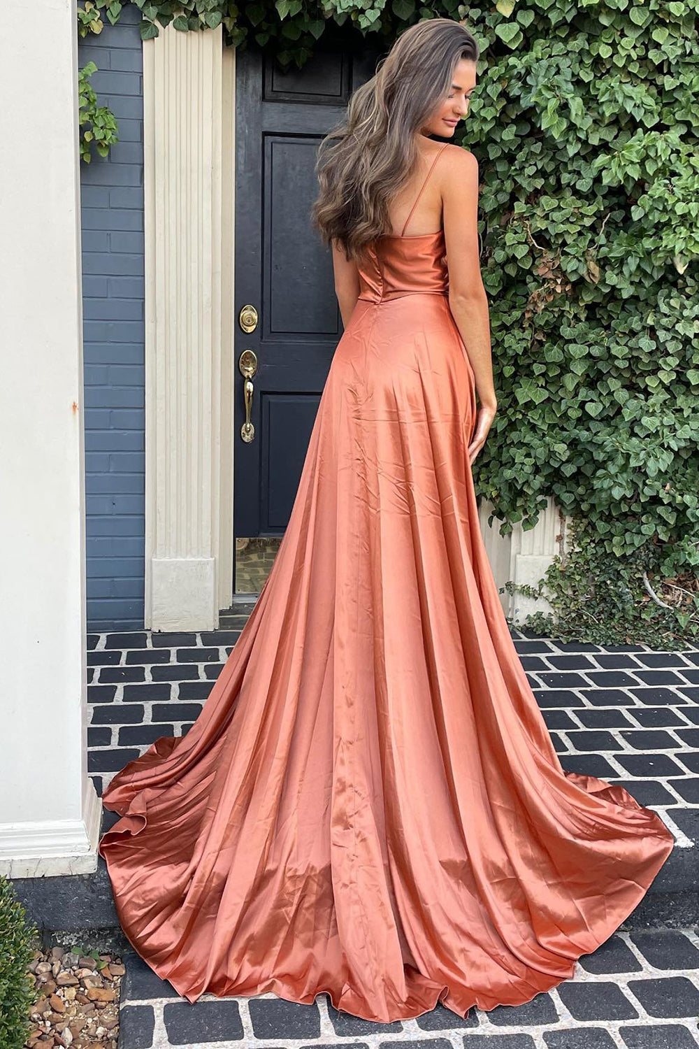A Line Bridesamid Dress Spaghetti Straps Blush Long Prom Dress with Split Front