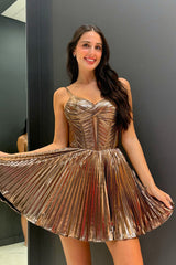 A-Line Brown Spaghetti Straps Metallic Corset Short Prom Dress