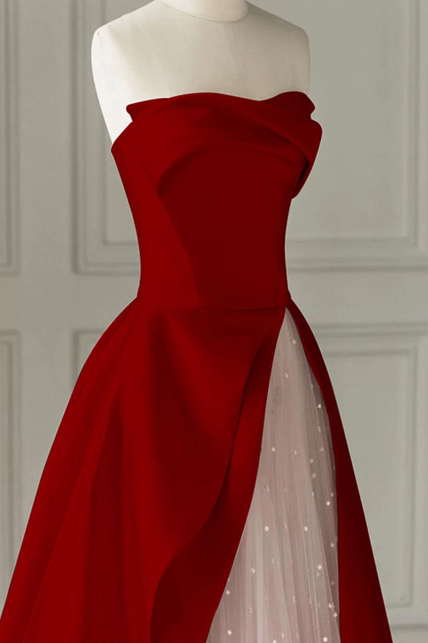 A Line Burgundy Prom Dress Satin Long Formal Evening Dress