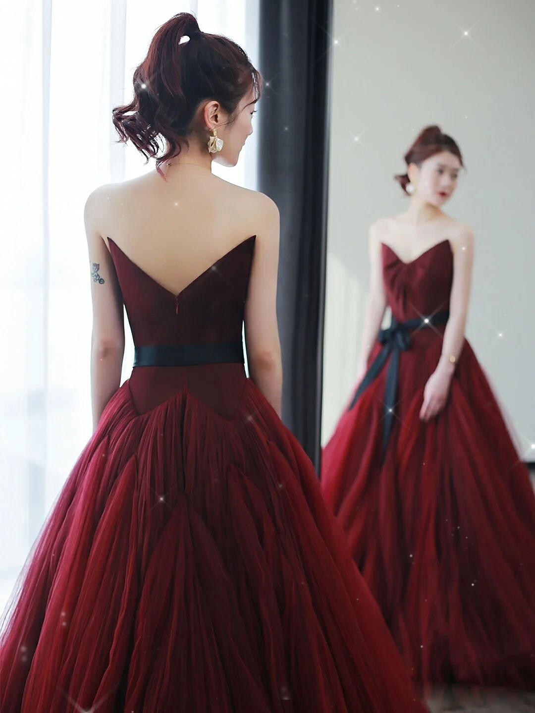A Line Burgundy Prom Dress Tulle Long Formal Evening Dress