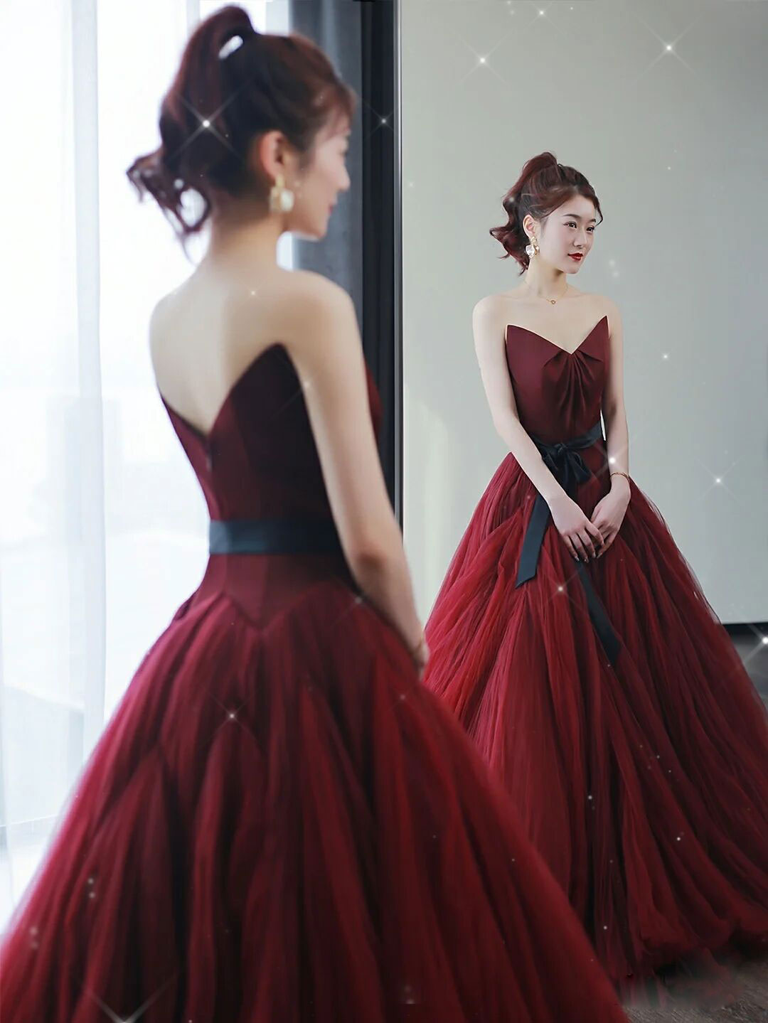 A Line Burgundy Prom Dress Tulle Long Formal Evening Dress