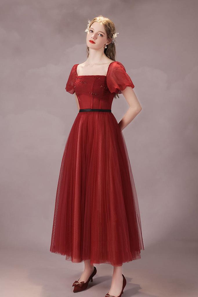 A Line Burgundy Prom Dress Tulle Tea Length Formal Dress Evening Dress