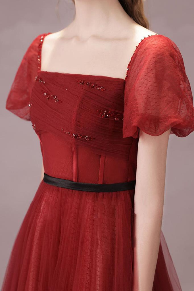 A Line Burgundy Prom Dress Tulle Tea Length Formal Dress Evening Dress