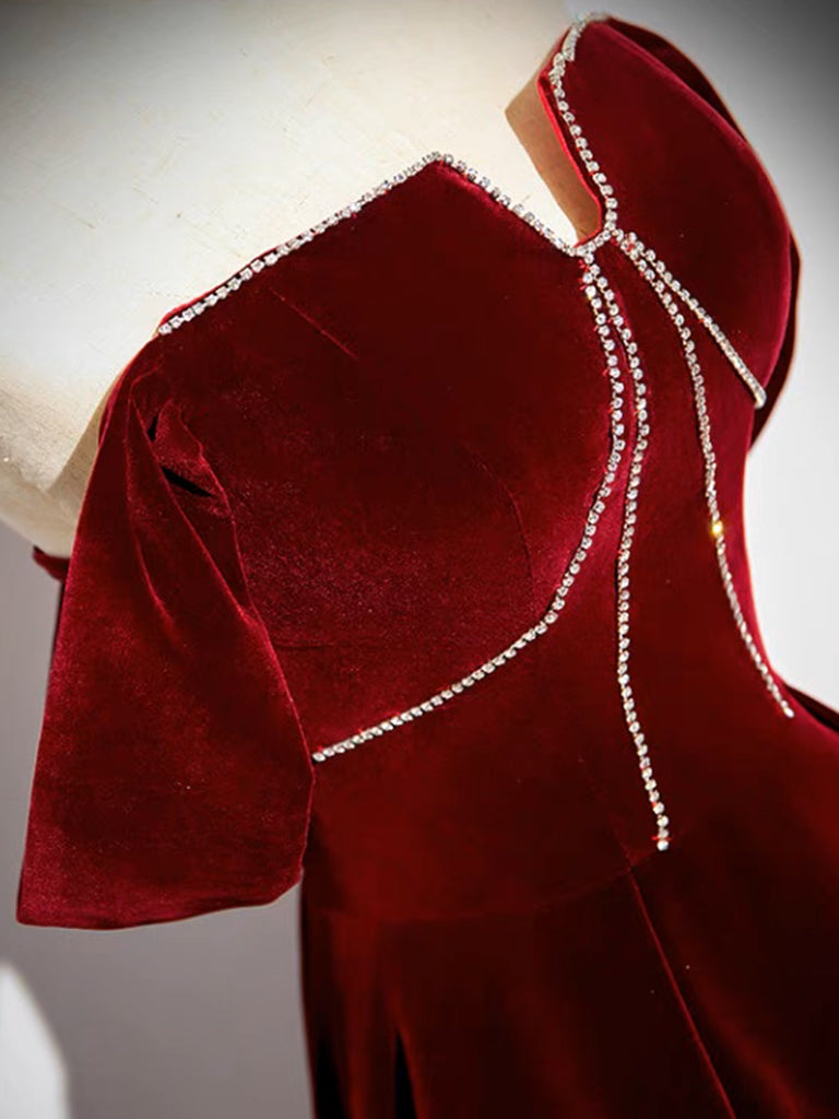 A Line Burgundy Velvet Formal Dress Long Evening Dress