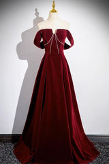A Line Burgundy Velvet Formal Dress Long Evening Dress