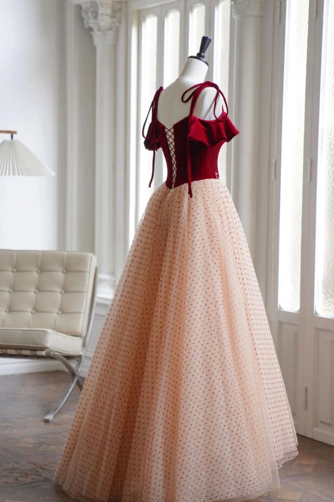 A Line Burgundy Velvet Formal Dress Tulle Long Evening Dress