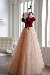 A Line Burgundy Velvet Formal Dress Tulle Long Evening Dress
