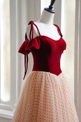 A Line Burgundy Velvet Formal Dress Tulle Long Evening Dress
