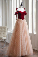 A Line Burgundy Velvet Formal Dress Tulle Long Evening Dress