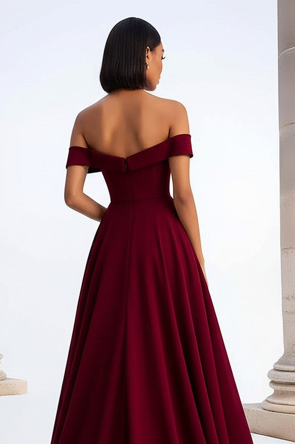Dressystars A Line Burgundy Wedding Guest Dress Ruched Tea-Length Formal Dress