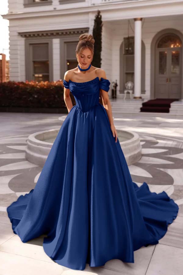 A Line Cap Sleeve Prom Dress Off the Shoulder Satin Formal Dress