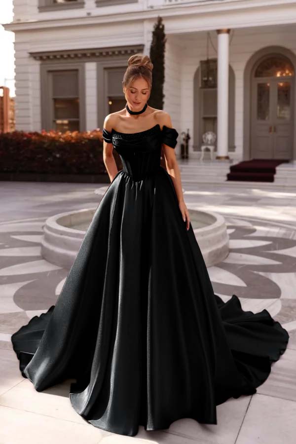 A Line Cap Sleeve Prom Dress Off the Shoulder Satin Formal Dress