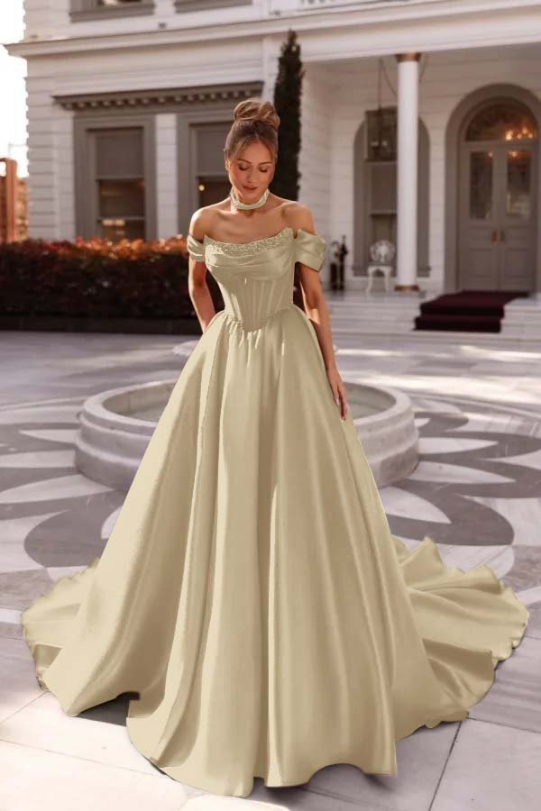 A Line Cap Sleeve Prom Dress Off the Shoulder Satin Formal Dress