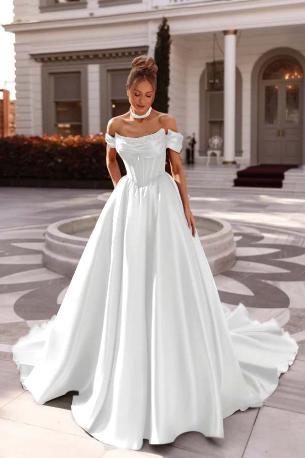 A Line Cap Sleeve Prom Dress Off the Shoulder Satin Formal Dress