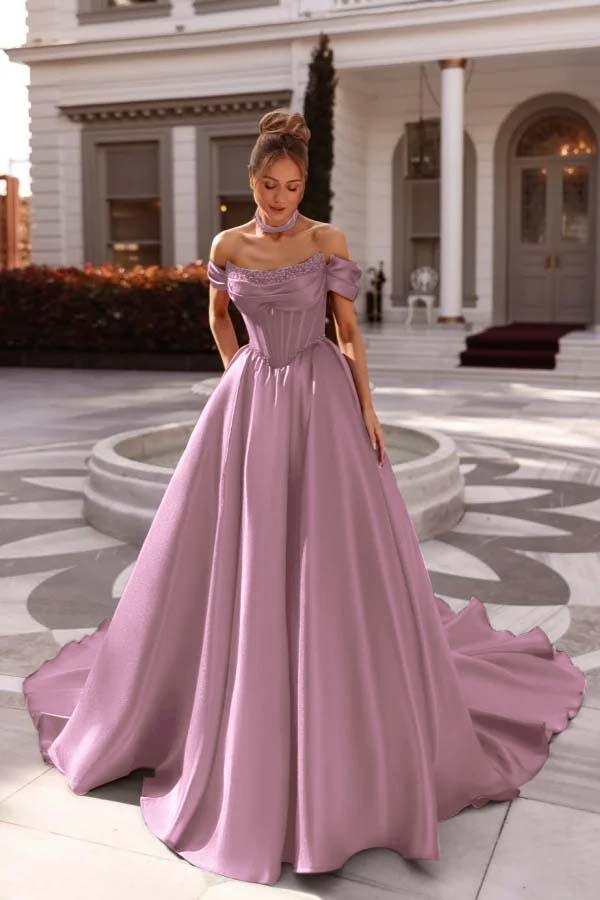A Line Cap Sleeve Prom Dress Off the Shoulder Satin Formal Dress