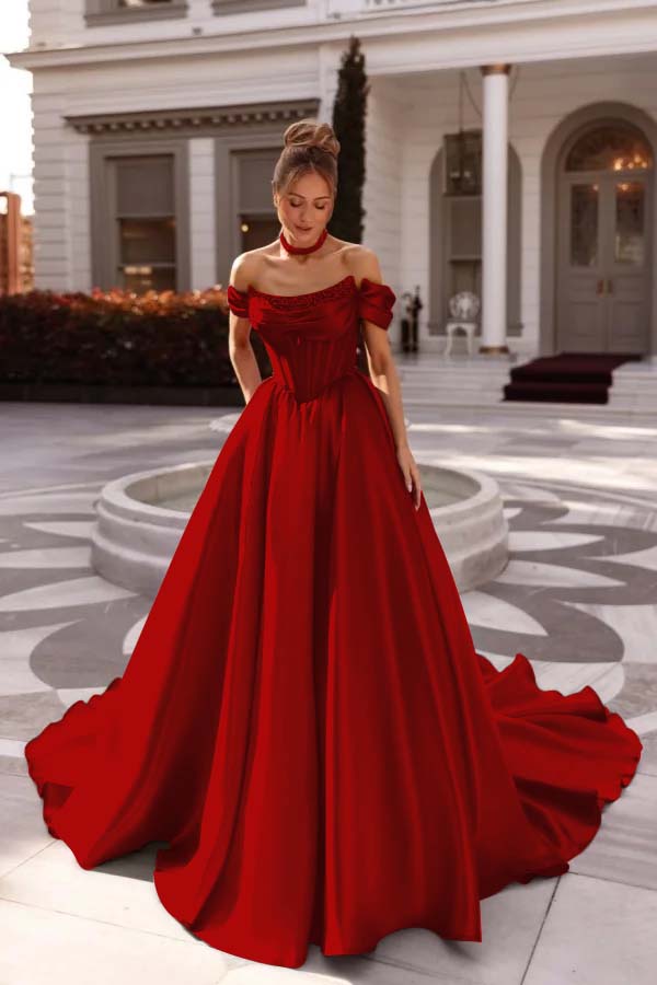 A Line Cap Sleeve Prom Dress Off the Shoulder Satin Formal Dress