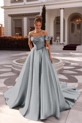 A Line Cap Sleeve Prom Dress Off the Shoulder Satin Formal Dress